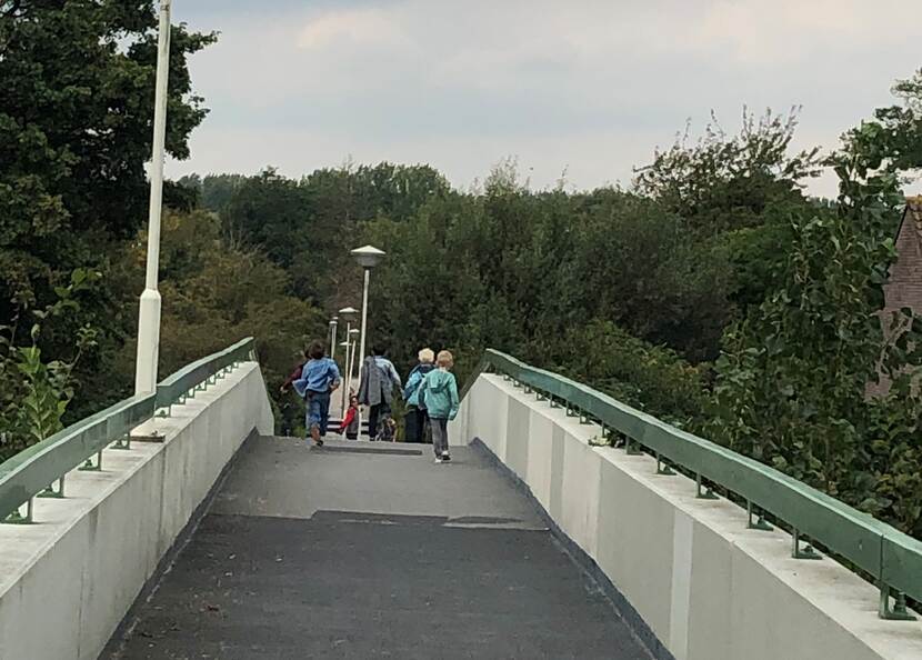Een voetgangersbrug in een gebied met bomen, gezien over het voetpad. Aan andere kant van de brug, aan de overkant: een groepje kinderen op de rug bezien. Zij wandelen in de richting van de bomen die ook achter de brug te zien zijn.